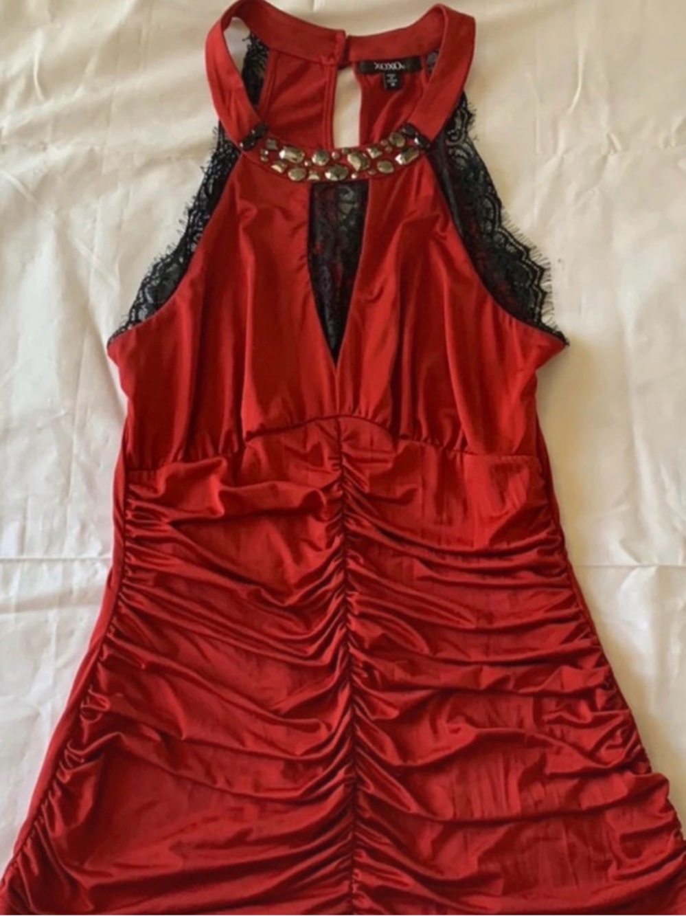XOXO Red Satin Halter Top with Black Lace Trim and Jewel Accent